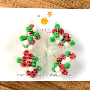 Holiday Pom Pom Tulle Hair Bow, Christmas Shaker Bow, Red, Green, White, Hair Bow, Hair Accessory, Unique,Stocking Stuffer,Gift,Toddler,Girl