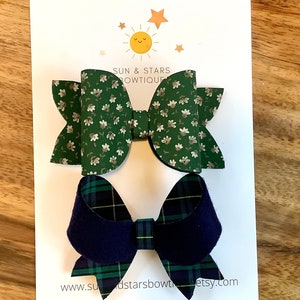 Hunter Plaid Hair Bow, Green Floral Print Hair Bow, Robert Kaufman, Sevenberry Petite Fleurs, Matching Sibling Bows, Gift, Toddler, Girl