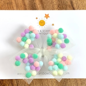 Pom Pom Tulle Hair Bow,Tulle Shaker Bow, Rainbow Tulle Hair Bow,Pom Pom Hair Clip,Hair Accessory, Party,Unique,Hair Bows, Gift,Toddler, Girl