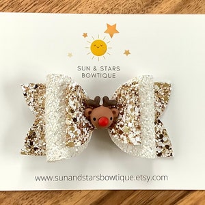 Sparkly Reindeer Hair Bow, White,Silver, Gold Hair Bow, Winter Bow, Christmas Hair Bow, Holiday Hair Bow, Unique Hair Bow,Gift,Toddler,Girl