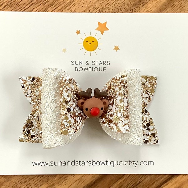 Sparkly Reindeer Hair Bow, White and Gold Hair Bow, Winter Hair Bow, Christmas Hair Bow, Holiday Hair Bow, Unique Hair Bow,Gift,Toddler,Girl