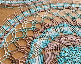 Handmade Crochet Spiral Doily – Vintage-Style Blue & Brown Lace Table Decor Accent