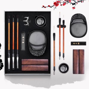 Chinese/Japanese Calligraphy Brush Writing/Painting Set With Brush, inkstone, ink stick, ink plate, brush holder, paperweight.