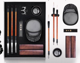 Chinese/Japanese Calligraphy Brush Writing/Painting Set With Brush, inkstone, ink stick, ink plate, brush holder, paperweight.