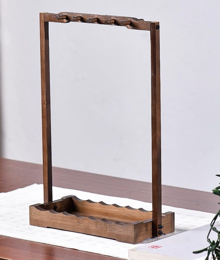 Support Porte-Pinceaux Calligraphie Chinoise - 10 Broches En Bois - Étagère Décorative Pour Bureau