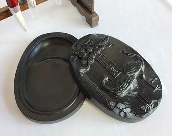 Chinese Calligraphy Inkstone,Natural Stone Calligraphy Ink Stone with Cover.