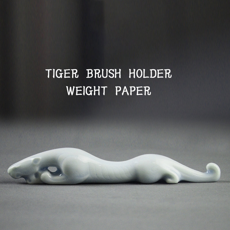 Calligraphy Writing Brush Rack, Chinese Calligraphy Pen Holder.Ceramic Brush Rest/Holder with Tiger Design.