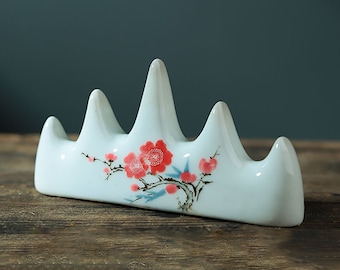 Calligraphy Writing Brush Rack, Chinese Calligraphy Pen Holder,Jingdezhen Ceramic Brush Rest/Holder with Mountain Design.