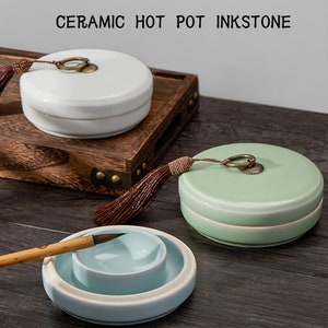 Ceramica cinese Hot Pot Inkstone Inkslab Ink Stone Calligrafia cinese / Sumi Disegno / Kanji Ink Well con coperchio