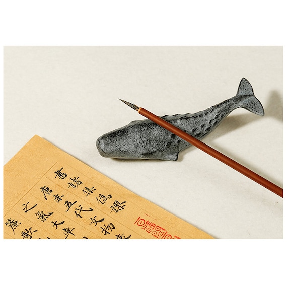 Ceramic Chinese Calligraphy Paperweight & Brush Holder Set - Bamboo Shaped, 2 Pack, 6.69 Inches