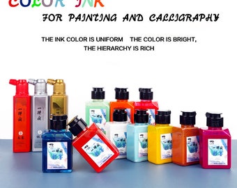 Encre de couleur Encre liquide Sumi pour la pratique de la calligraphie et la peinture au pinceau chinois Dessin Écriture d’œuvres d’art traditionnelles (100ml / bouteille).