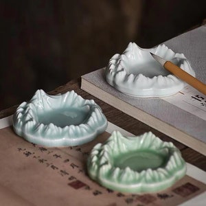 Pottery Porcelain Mountain Multifunctional Inkwell Inkstone with Brush Holder for Chinese Japanese Calligraphy Practice.