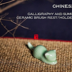 Kalligraphie Schreiben Pinsel Rack, chinesische Kalligraphie Stift Halter.Keramik Pinsel Rest/Halter mit Katze Design.
