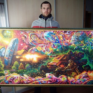 Space War Big Painting: Original Graffiti Art, Astronomical Gift. Modern Fantasy art on Canvas