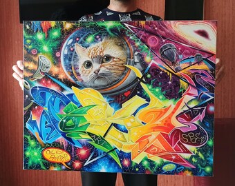 Fantasy Cat in Space Oil Painting: Graffiti Art on Canvas. Original Handmade, Cat astronaut