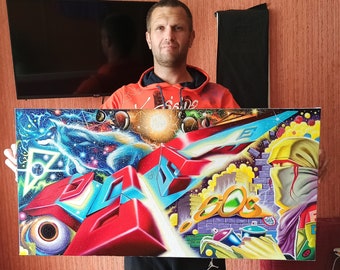 Original Graffiti Art Oil Painting: Contemporary Space Fantasy Wall Decor