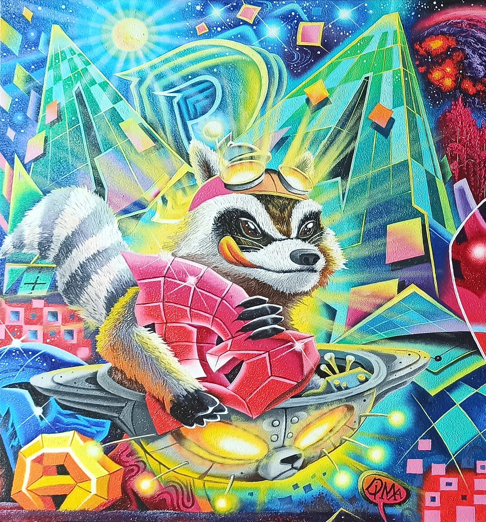 Raccoon Astronaut Graffiti: Original Oil Painting, Modern Fantasy Art ...