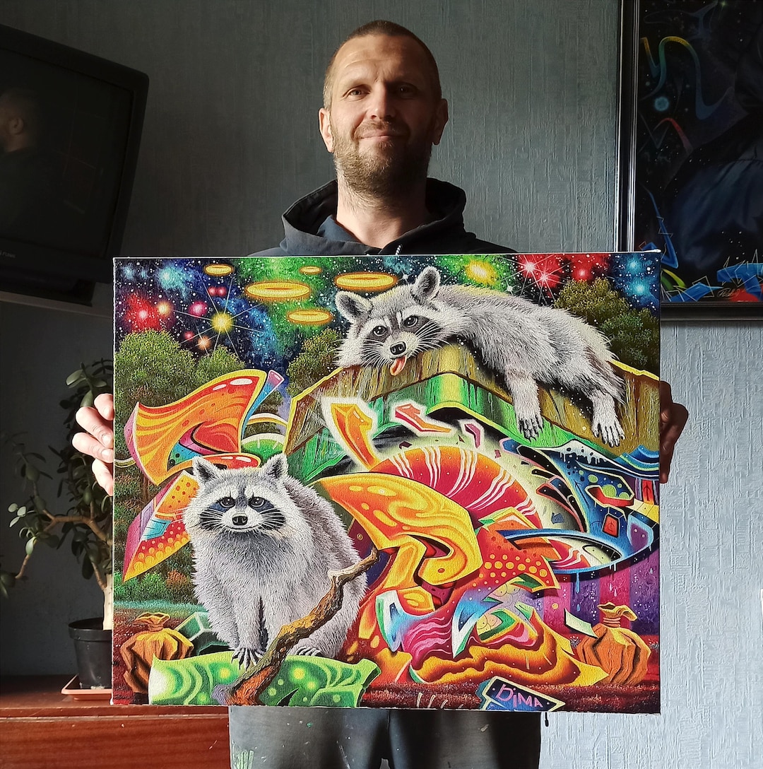 Raccoons Graffiti Oil Painting: Original Fantasy Space Art. Handmade ...