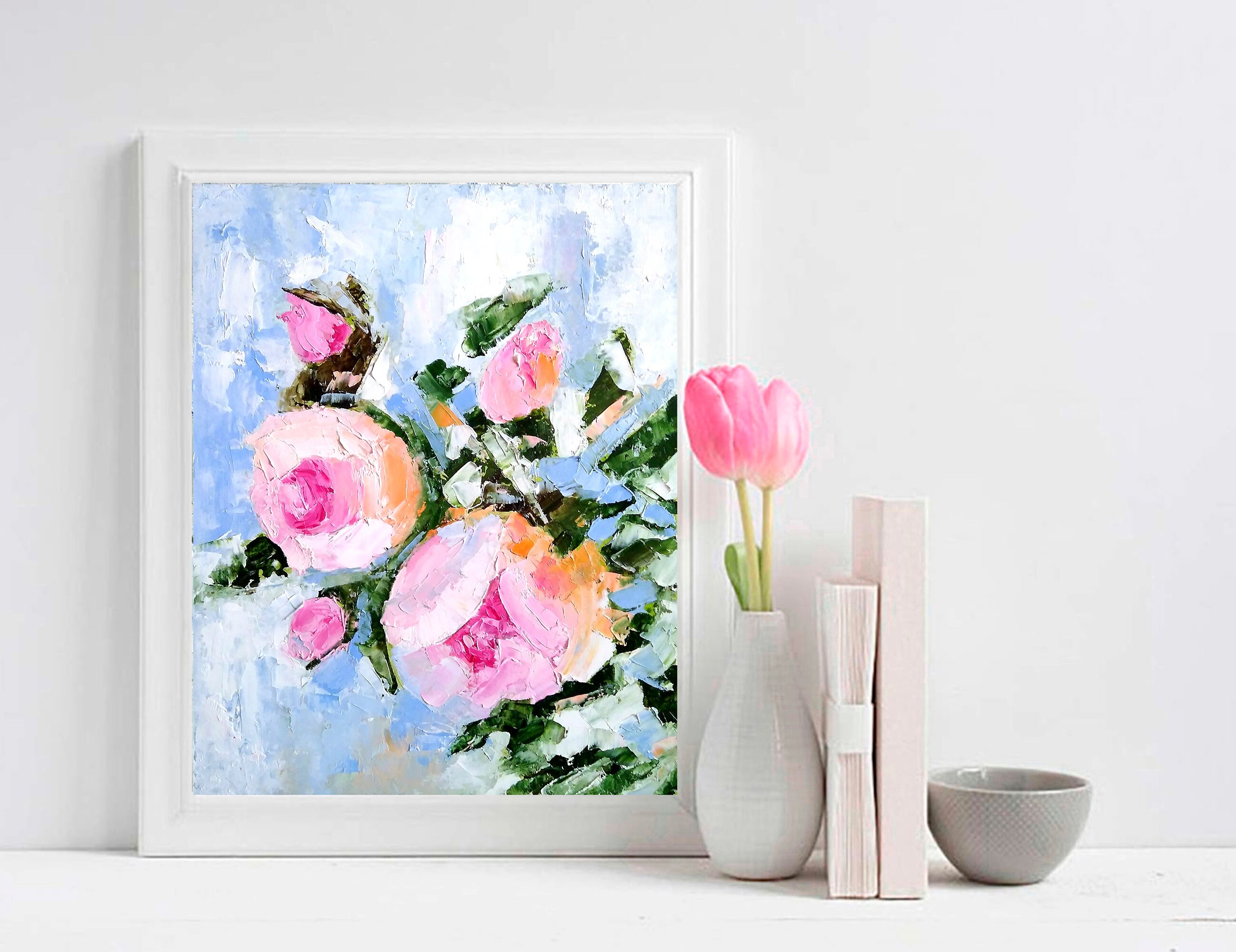 Floral Rose Painting Original Art Pink Flower Artwork Small Etsy