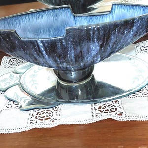Vintage Heavy Black Pottery Centerpiece: Blue & White Glazed Interior