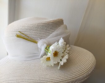 Altered white vintage hat, white hat, 10cm brim hat, wide brim hat, daisy hat, spring hat, wedding hat,