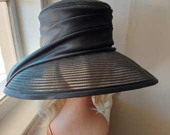 Vintage black hat, polypropylene and nylon hat made in Taiwan, formal hat, Gregory Ladner hat, hat with satin band, chic wedding hat