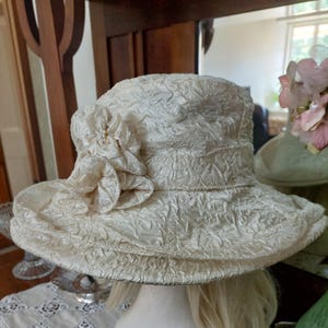 Vintage Cream Crushed Polyester Hat: Rosette & Rhinestone Wedding Hat