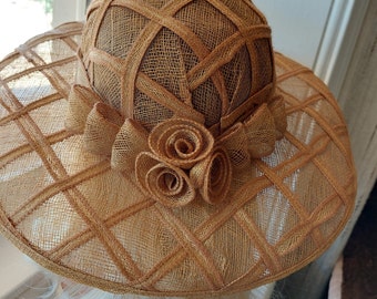 Tan sinemay hat, vintage sinemay hat, tan brim hat, formal hat,  special occasion hat, wedding hat, light brown hat