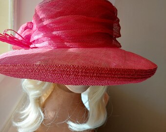 Vintage watermelon pink Jendi  hat, wedding hat,  sinemay and natural straw hat, brim hat, hot pink hat, brim hat, formal hat