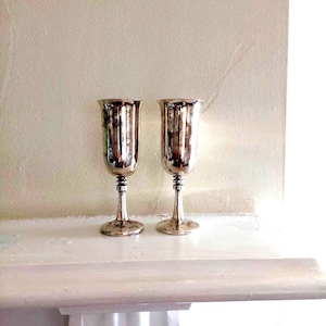 May include: Two matching silver-toned metal goblets with tall, slender stems and flared rims. Each goblet features a smooth, reflective surface and a tiered, decorative detail on the stem just below the bowl, standing on a circular base.