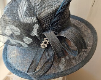 Vintage black and white formal hat, sinemay and straw hat with feathers and diamentes, Morgan and Taylor wedding tilted crown hat