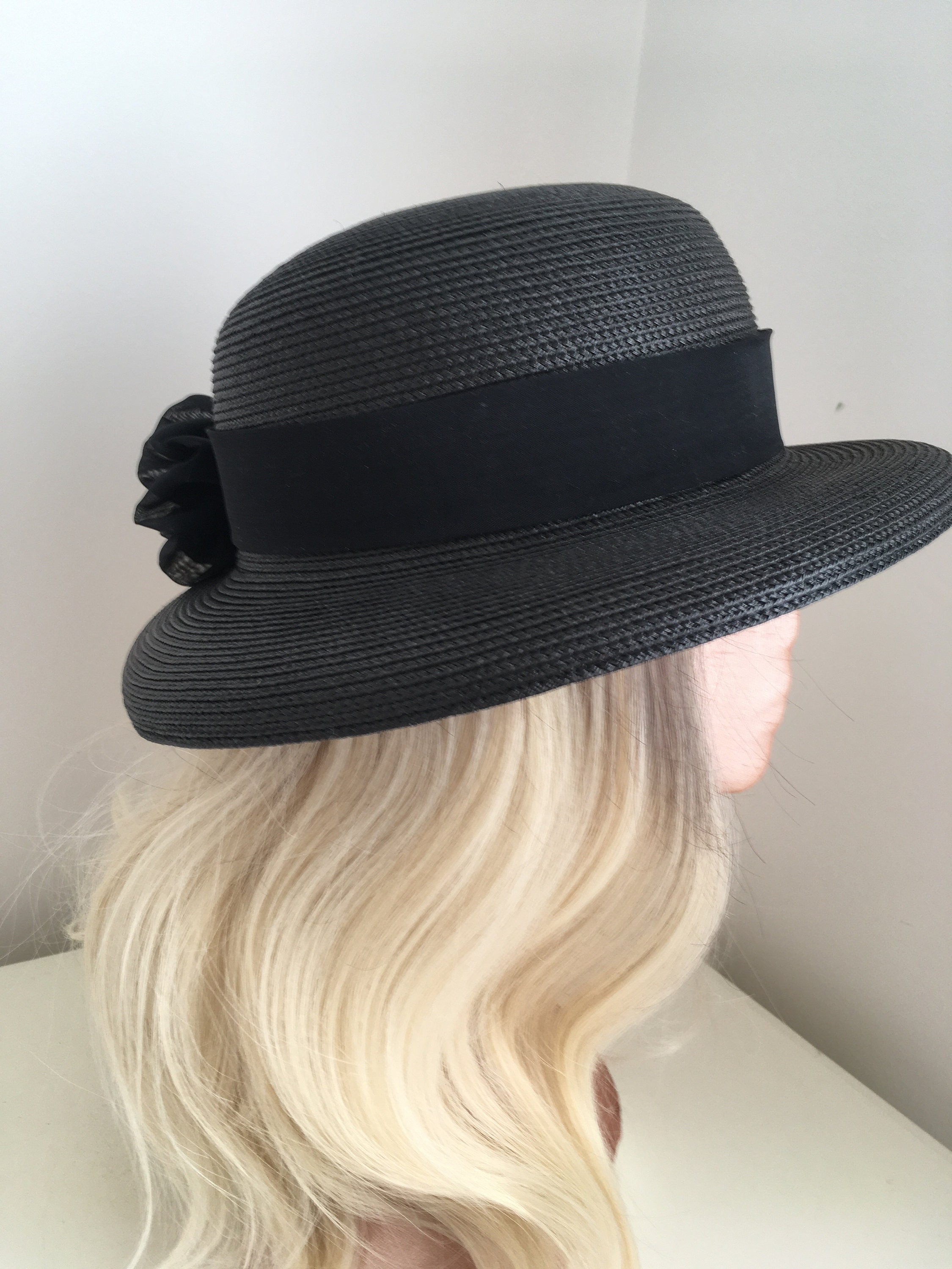Black Vintage Hat Synthetic Straw Hat 