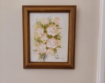 Original signed art wall hanging, vintage wall hanging 20 x 24cm , rose art, shabby chic decor,  wooden frame ready to hang.