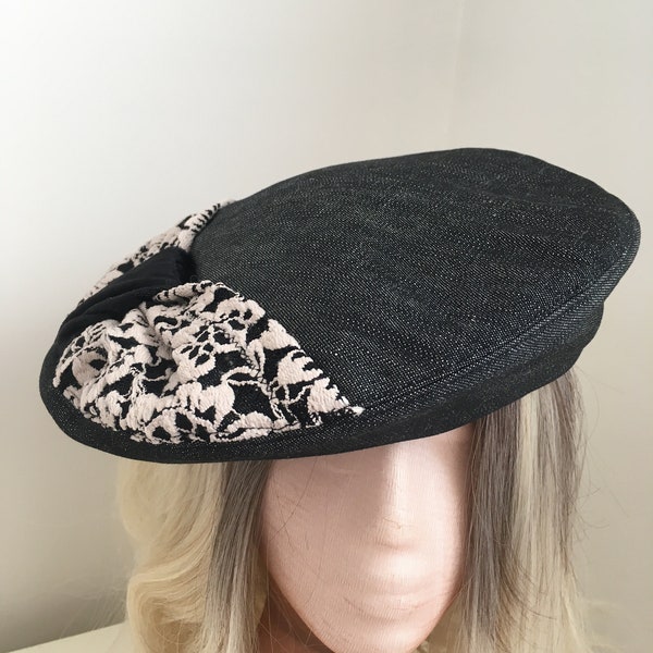 Denim beret, black and beige floral lace beret, vintage look hat, charming chic hat, casual sophistication, French beret, denim chic hat