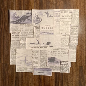 Lake Monster Nessie Newspaper 21 Piece Collection | Ogopogo Champ Loch Ness Caddy Newsprint Cutout Cryptidcore Cryptid Aesthetic