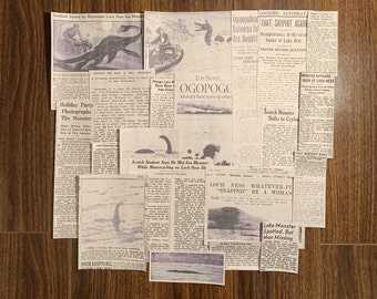 Lake Monster Nessie Newspaper 21 Piece Collection | Ogopogo Champ Loch Ness Caddy Newsprint Cutout Cryptidcore Cryptid Aesthetic