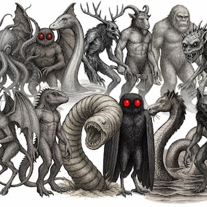 Może przedstawiać: Szczegółowa ilustracja w skali szarości przedstawiająca różne kryptydy, w tym Mothmana z świecącymi czerwonymi oczami, stworzenie podobne do Wielkiej Stopy i wężowatego potwora z jeziora. Grafika charakteryzuje się skomplikowanym cieniowaniem i skupia się na unikalnych cechach stworzeń.