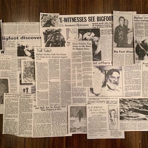 Bigfoot Newspaper Clippings 21 Piece Collection | Vintage Sasquatch Cryptidcore News Reports Newsprint Cryptid Aesthetic Scrapbooking