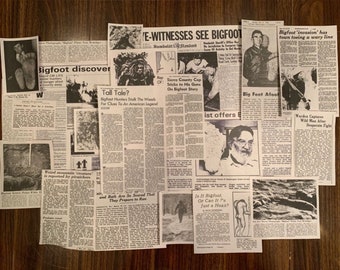 Bigfoot Newspaper Clippings 21 Piece Collection | Vintage Sasquatch Cryptidcore News Reports Newsprint Cryptid Aesthetic Scrapbooking