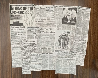 Mothman Newspaper Clippings | 21 Pieces Newsprint Cutouts Cryptidcore Cryptid Mason County Thunderbird Owlman Aesthetic Set