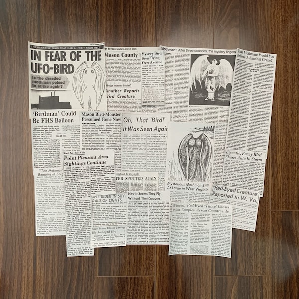 Mothman Newspaper Clippings | 21 Pieces Newsprint Cutouts Cryptidcore Cryptid Mason County Thunderbird Owlman Aesthetic Set