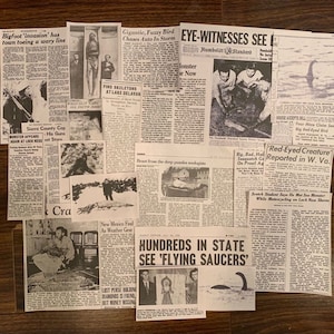 Cryptidcore Newspaper Cutouts 21 Piece Collection | Bigfoot Nessie Mothman Flatwoods Monster Newspaper Newsprint Clippings Aesthetic Paper