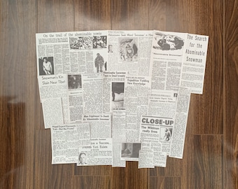 Conjunto de recortes de periódicos sobre la criatura críptida Yeti