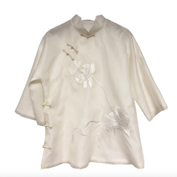 Lotus embroidery Ancient style Silk organza Top Shirt / Blouse - 莲新中式 Neo-Chinese Qipao cheongsam top
