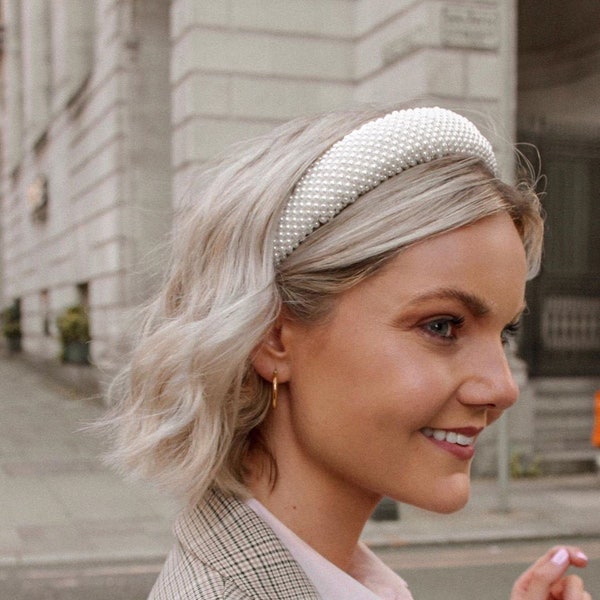 Diadema de perla blanca, banda de pelo vintage de felpa, banda de cabeza de perlas, diadema de mujer, diadema nudo turbano Boho