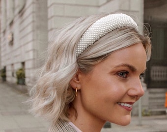 Weißes Perlen Stirnband, Plüsch Vintage Haarband, Perlen Stirnband, Frauen Stirnband, Boho Turban Knoten Stirnband