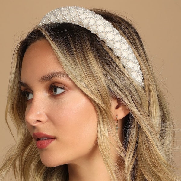 Pearl Headband, White Pearl Headband, Bridal headband, Padded Wedding head band, Pearls headband wedding