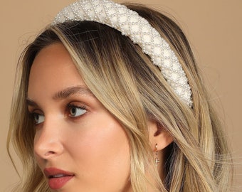 Pearl Headband, White Pearl Headband, Bridal headband, Padded Wedding head band, Pearls headband wedding