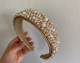 White Pearl Headband, Plush Vintage Hair Band, Pearls Head band, Women Gold Headband, Wedding Headband