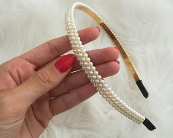 White Pearl Headband, Vintage Hair Band, Pearls Head band, Women Headband, Boho Turban Knot Headband